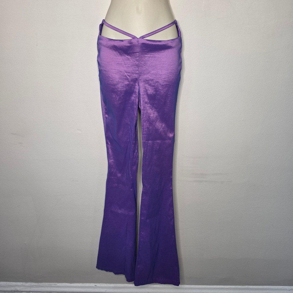 PrettyLittleThing Pants Womens 0 Purple Iridescent Cutout V-Waist Flare Trousers